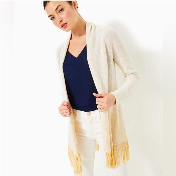 Lilly Pulitzer Tatum Long Fringe Hem Cardigan metallic gold sz L - Picture 1 of 8